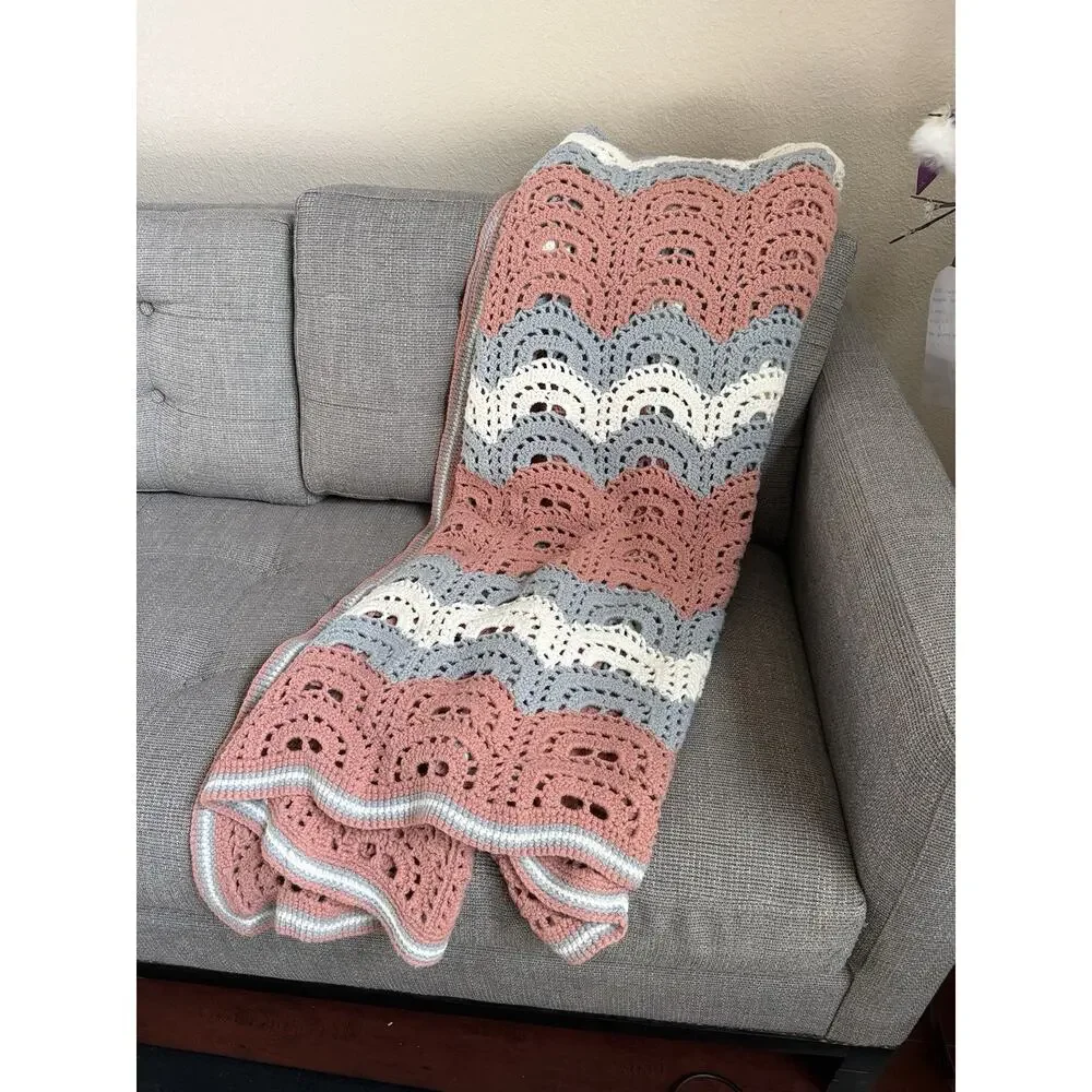 Vintage Handmade Crochet Blanket Afghan Lacy Fan Ripple Pink Grey White 62x72